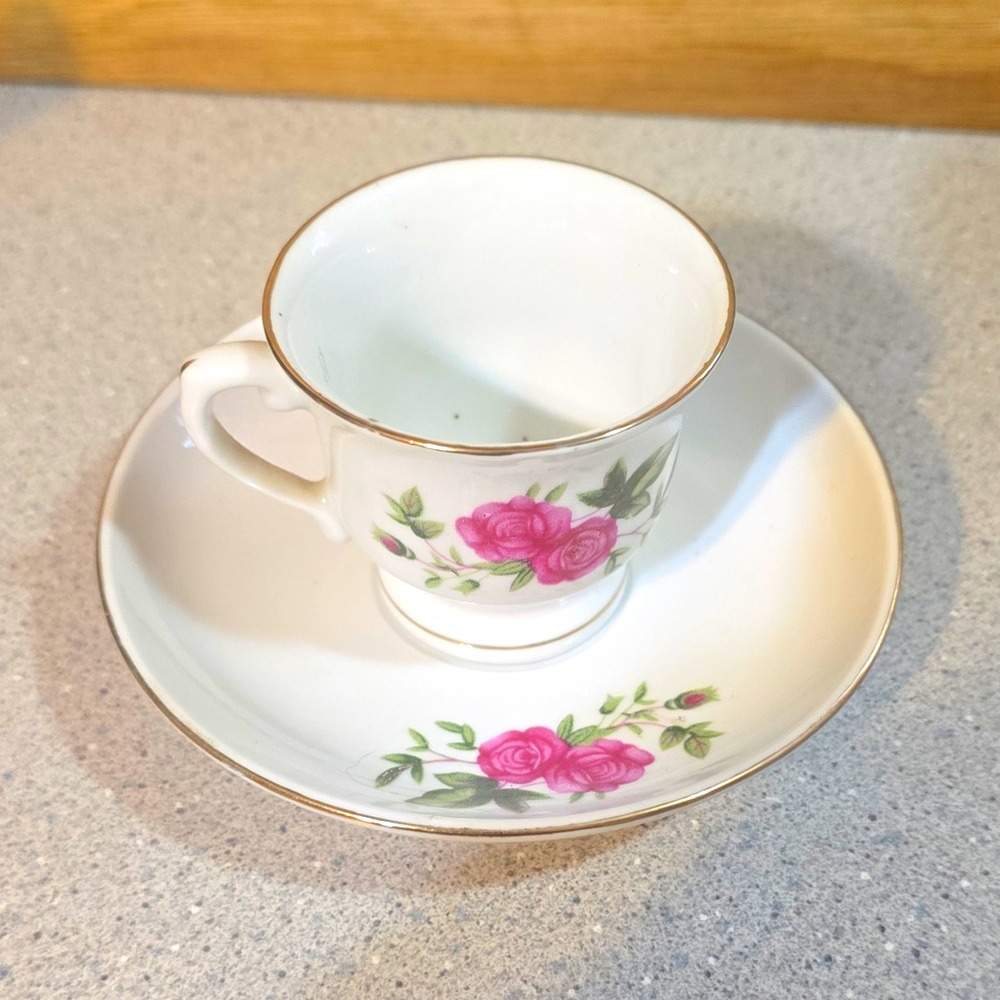 Vintage White Porcelain Tea Cup & Saucer Set Pink Rose Floral Pattern China